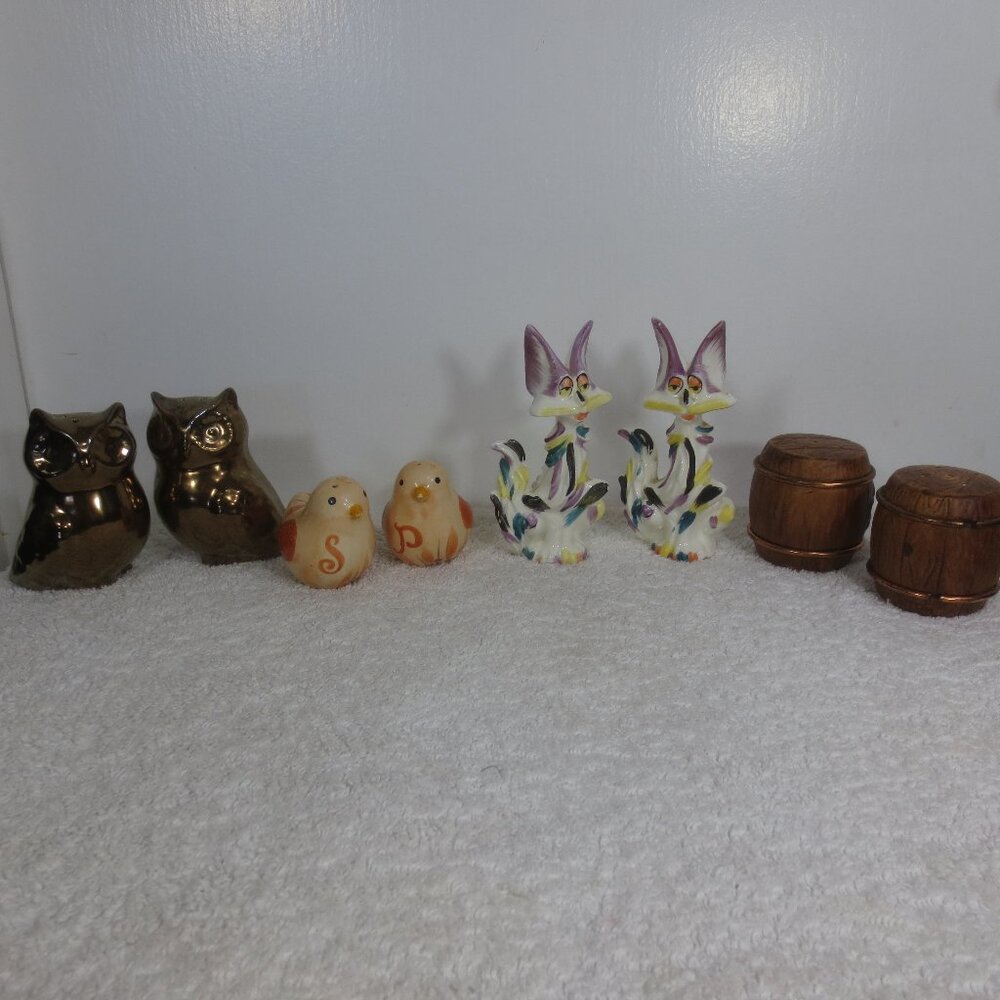 NEW & Vintage Salt & Pepper Shakers Mixed Lot of 4 Sets Owls Cast Barrels Chicks